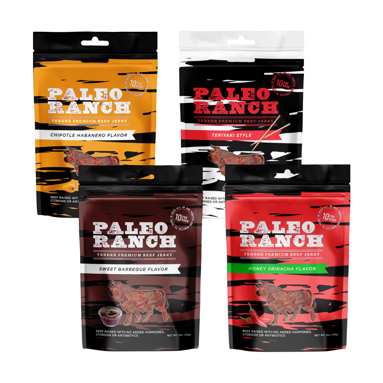 Paleo Beef Jerky Bundle, Paleo Beef Jerky Variety Pack, Chipotle Habanero Beef Jerky, Sweet BBQ Beef Jerky, Teriyaki Beef Jerky, Honey Sriracha Beef Jerky 