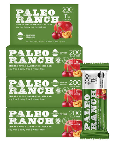 Paleo Ranch cherry apple cashew skinny bar boxes, bulk paleo bars, bulk skinny bars, buy paleo bars in bulk, wholesale paleo bars, wholesale paleo skinny bars, wholesale skinny bars